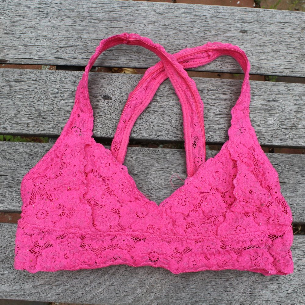 Hot Pink Aerie Cross Back Lace Bralette - Picture 2 of 8